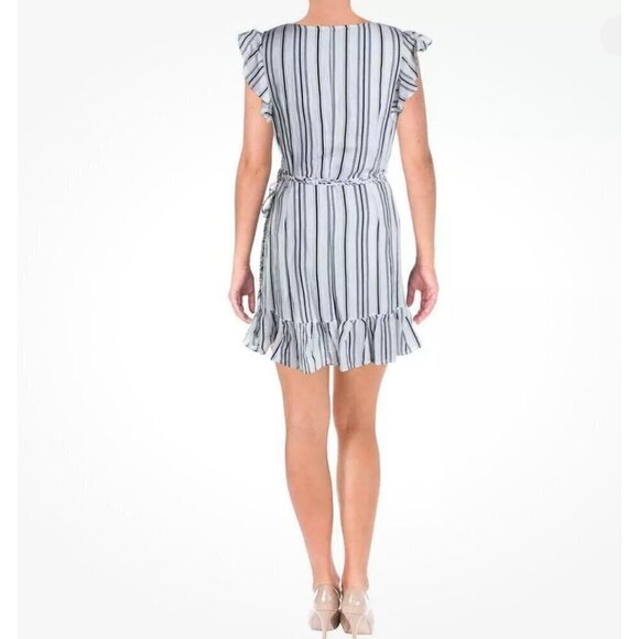 Aqua Ruffle Mini Wrap Dress Flutter Sleeve Navy White Striped Women's Size‎ M - Picture 2 of 10